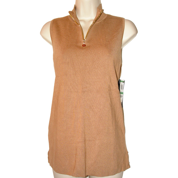 Alfani Prima Mock Neck Zip-Front Sleeveless Sweater L Camel Tan NWT - Picture 3 of 4